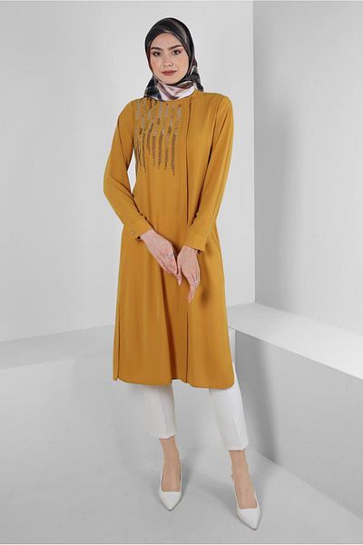Alvina STONE EMBROIDERED LONG TUNIC WITH SIDE SLIT 43521
