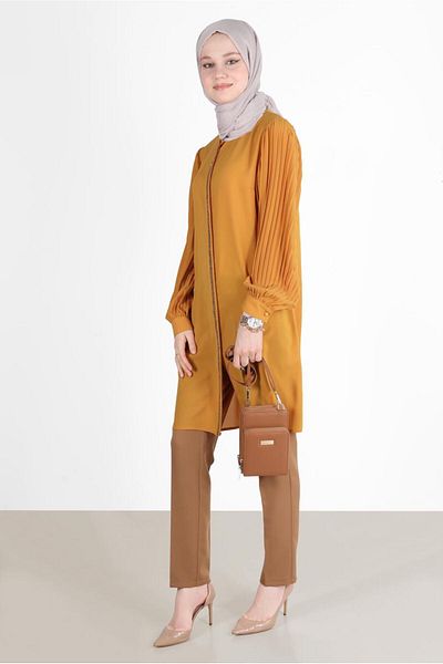 Alvina GLOSSY STRIP DETAILED SLEEVES PILATED TUNIC 42521