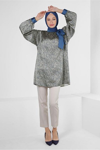 Alvina PATTERNED COLLAR BINDING DETAIL SATIN TUNIC 43934
