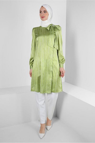 Alvina Striped Collar Bow Detailed Satin Tunic 43738
