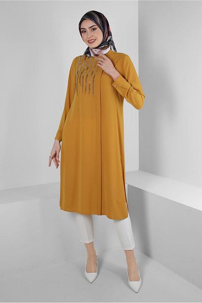 Alvina STONE EMBROIDERED LONG TUNIC WITH SIDE SLIT 43521