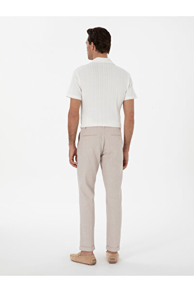 Cacharel Bej Carrot Fit Keten Karışımlı Çizgili Beli Lastikli Kanvas Pantolon 50298923-VR011