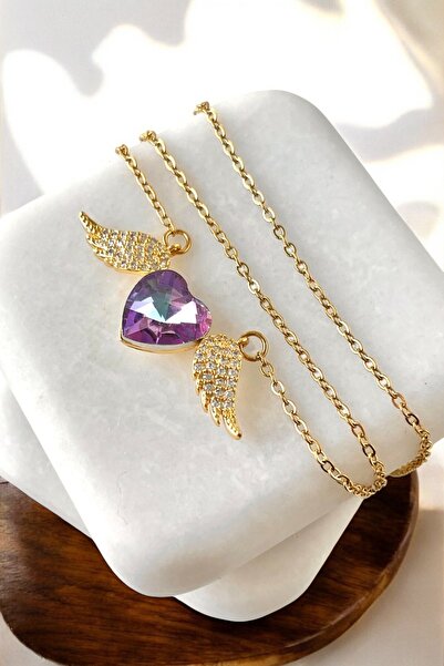 Lynare MELEK KANATLI KALP TEMALI  ZİRKON TAŞLI 316L ÇELİK KOLYE GOLD