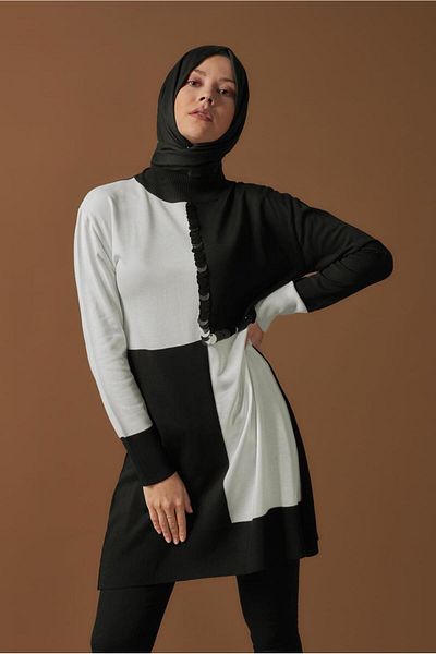 Alvina Pul Detailed Two-Color Knitting Tunic 41012