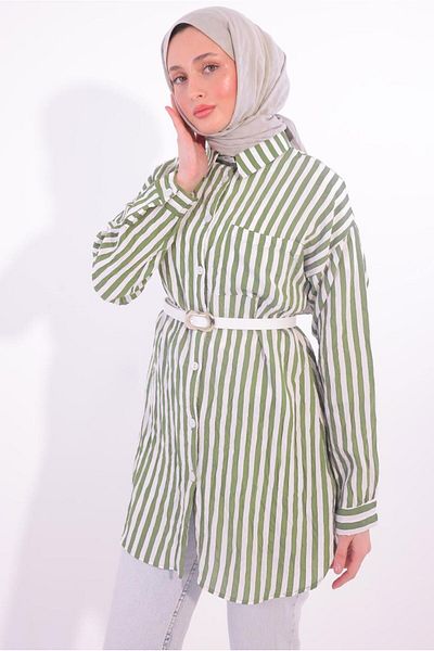 TRENDTESETTÜR Women's Genuine Belted Striped Shirt Tunic - Model T5474