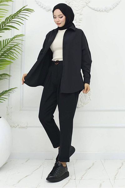 TRENDTESETTÜR Women's Black Belted Linen Pants t 0666
