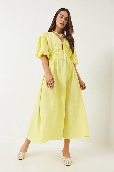 Bianco Lucci Damen-Midikleid aus Musselin mit V-Ausschnitt und elastischem Bund und Ballonärmeln 60283096