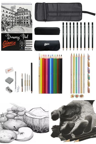 GLANCE Sketchbook Drawing Sketch Set with Charcoal Metalic Water Color Pencil Bag