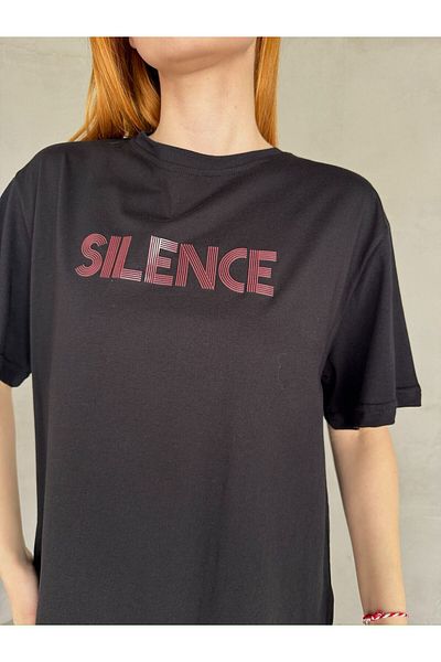 Cappmoda T-922 Tricou casual din bumbac cu text imprimat negru roșu Claret Silence