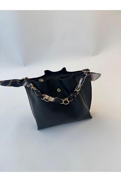 Cappmoda ÇNT-3031 Geantă de umăr din piele artificială cu șal negru