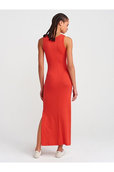 Dilvin 91381 Slit Detailed Midi Dress-Red