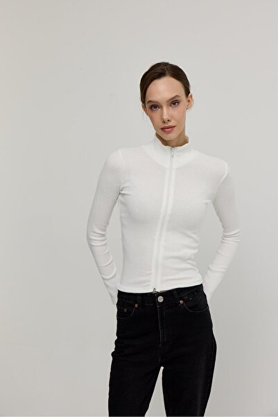 TUBİA Kadın Ekru Renk Yarım Balıkçı Fermuarlı Crop Hırka