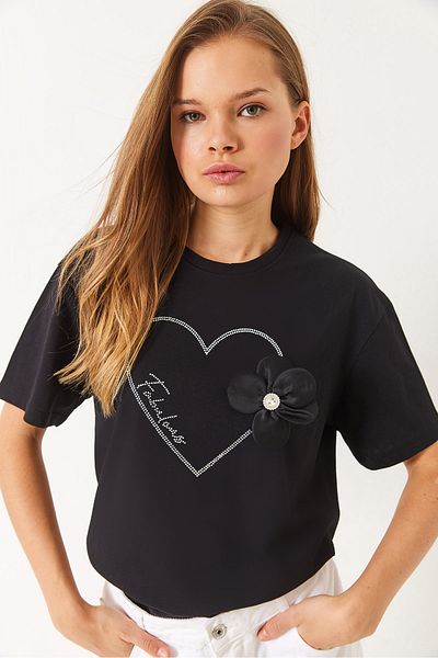 Bianco Lucci Women's Heart Stone Printed Crew Neck Cotton T-Shirt with Floral Accessories 60283098