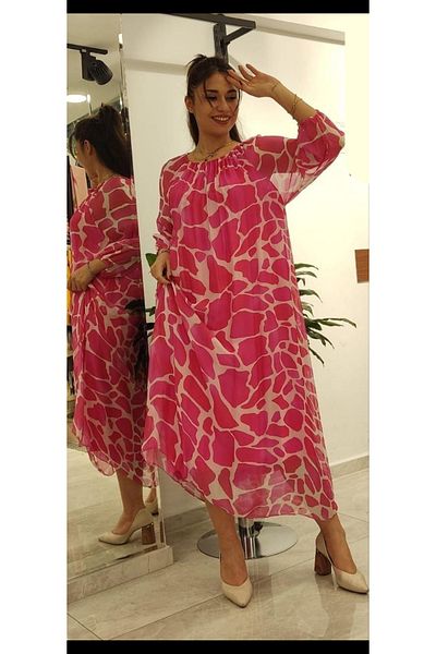 Cb Made In Italy 100% Italian Silk Fuchsia Patterned Loose Dress – One Size Oversize Dress (36-44 Size Compatible)