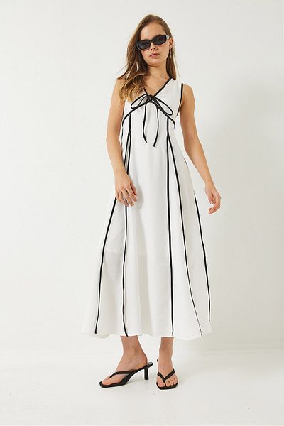 Bianco Lucci Women's V-Neck Piping Detailed Tie Lined Long Linen Dress 60283097