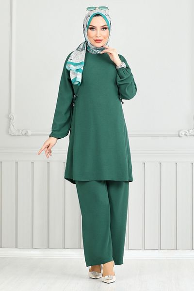 ModaMerve Emerald Green Side Laced Hijab Suit 3004Bm1076-M