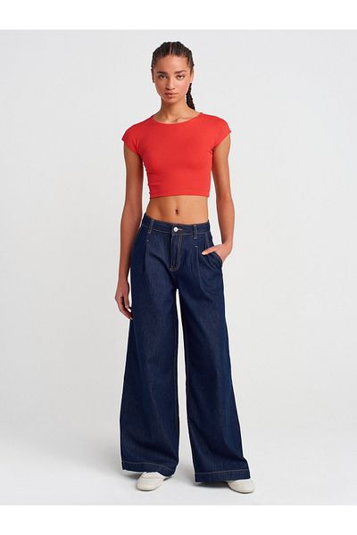 Dilvin 71802 Pleated Wide Denim Trousers-Navy Blue