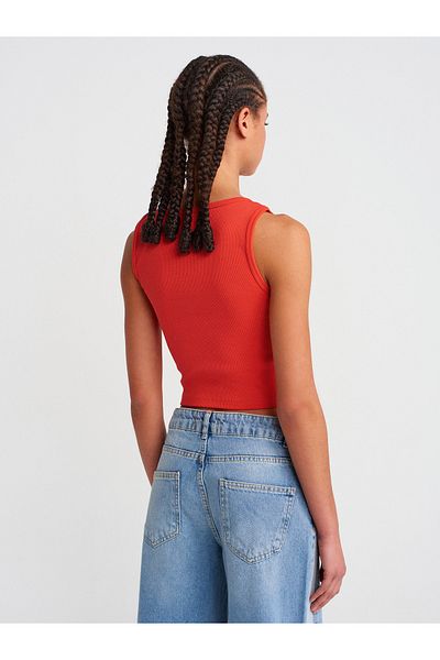 Dilvin 20983 Buttoned Square Collar Top-Red