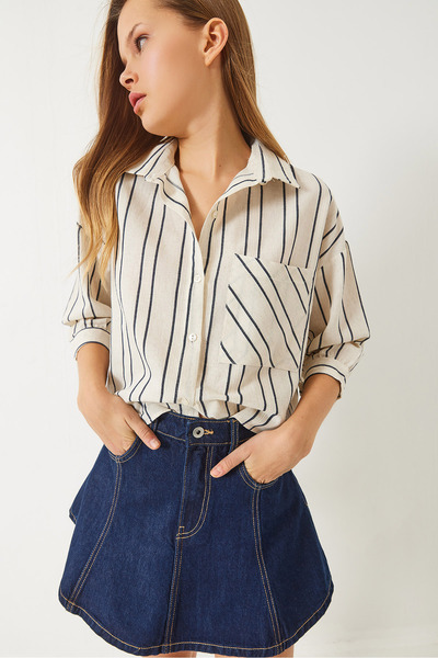 Bianco Lucci Γυναικείο λινό πουκάμισο μονή τσέπη ριγέ60171031