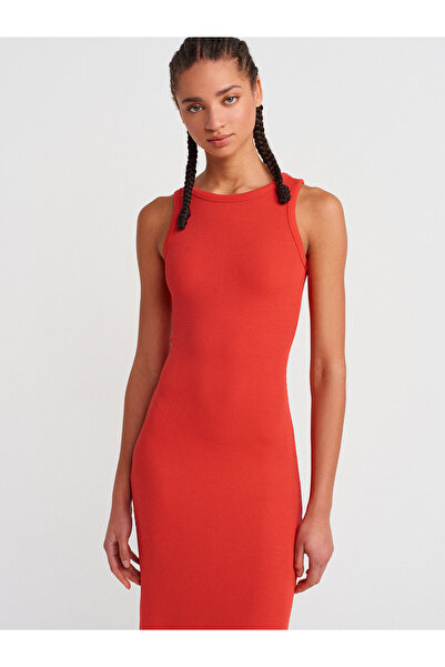 Dilvin 91381 Slit Detailed Midi Dress-Red