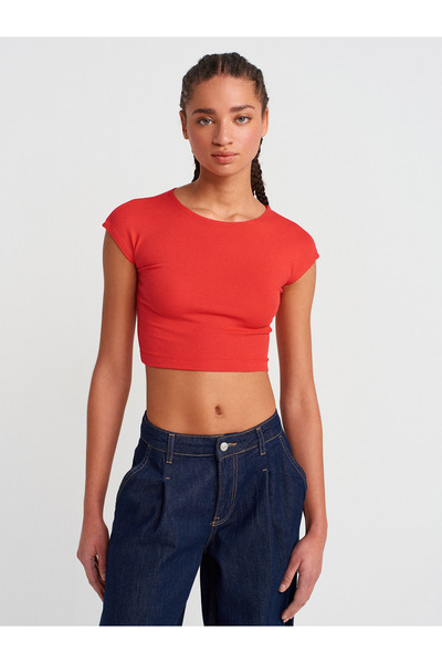 Dilvin 30528 Cotton and Modal Blended Crop Top-Red