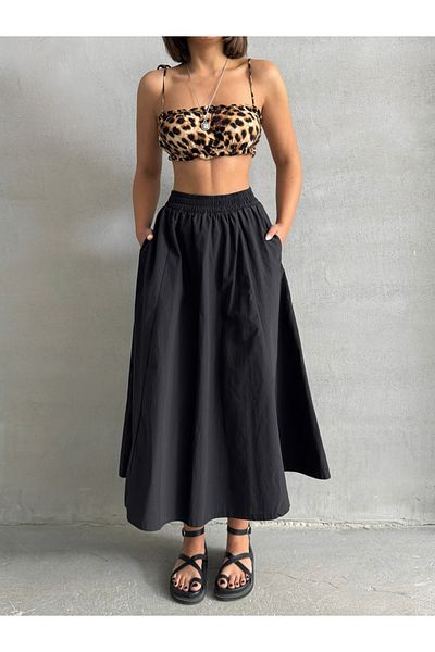 BEJNA Schwarzer, gewebter, ausgestellter Rock mit elastischer Taille für Damen