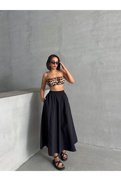 BEJNA Schwarzer, gewebter, ausgestellter Rock mit elastischer Taille für Damen