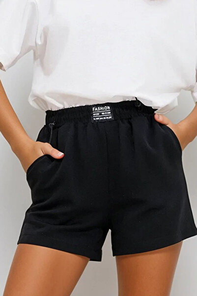 VAGGON Women's Black Double Pocket Elastic Waist Woven Linen Shorts Prmx11715