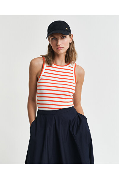 Gant Kadın Turuncu Regular Fit Bisiklet Yaka Çizgili T-Shirt