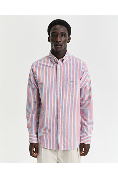 Gant Erkek Kırmızı Regular Fit Düğmeli Yaka Çizgili Gömlek