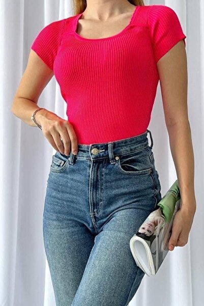 bayansepeti Women's Fuchsia Stretchy Knitwear Fabric Short Sleeve Blouse 0303