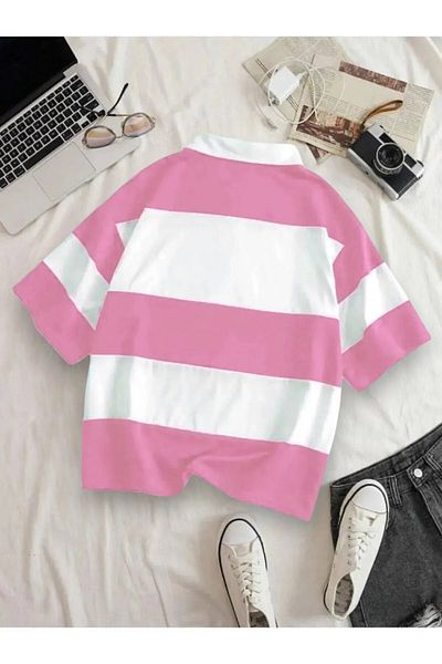 Jooy Μπλουζάκι Unisex ροζ και λευκό ριγέ με μισό φερμουάρ Polo λαιμόκοψη