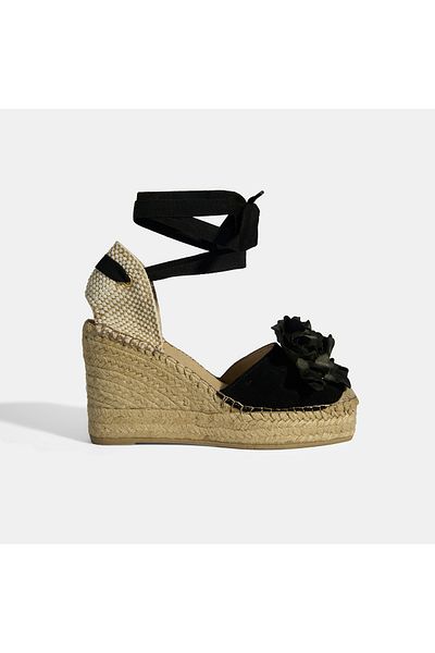 Desa Limited Edition Black Women's Floral Accessory Jute Lace-Up Wedge Heeled Suede Espadrille