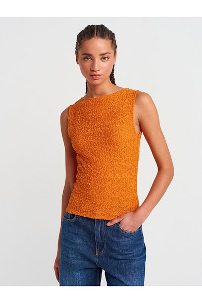 Dilvin 21016 Boat Neck Lace Top-Dark Orange