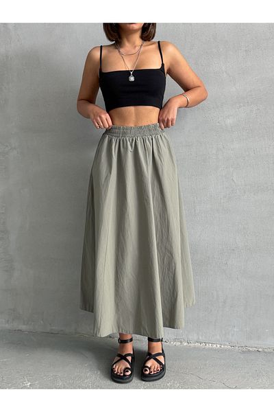 BEJNA Khakifarbener, gewebter, ausgestellter Rock mit elastischer Taille für Damen