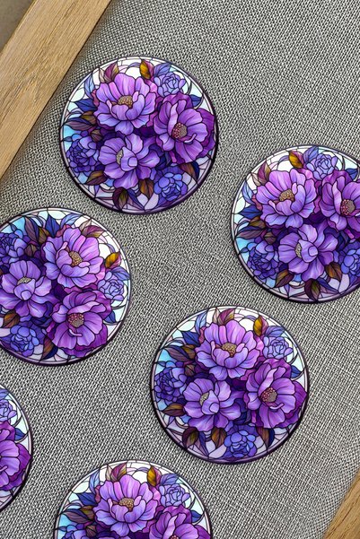 Home Purple Floral Stained Glass Patterned 6-Piece Mdf Coasters