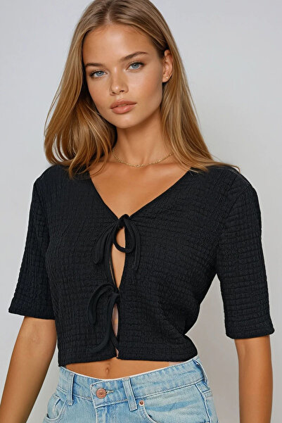 VAGGON Women's Black Front Tie Short Sleeve Seersucker Summer Blouse Prmx13580