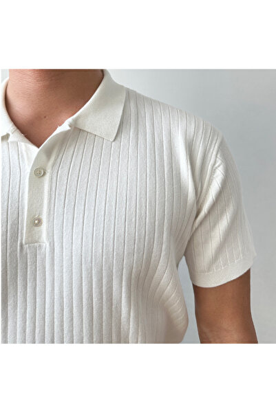 Tarz Cool Men's White Corded Buttoned Polo Neck Knitwear T-Shirt