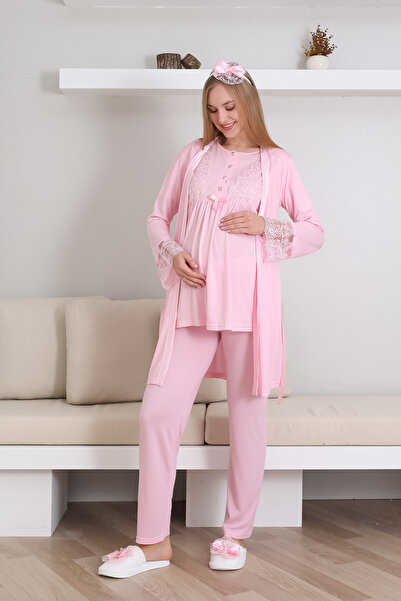 ERDENİZ TEKSTİL Kısa Kol Bisiklet Yaka Hamile & Lohusa Pijama Takımı / 3 Parç...