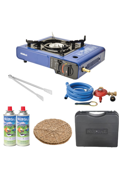 NURGAZ Özel Çantalı Portatif Kamp Ocağı + 2 Adet Kartuş + Tüp Dedantörü + Has...