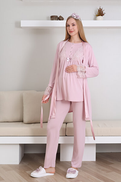 ERDENİZ TEKSTİL طقم بيجامة للحوامل والأمهات بأكمام قصيرة ورقبة دائرية / 3 قطع...