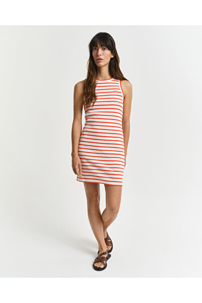 Gant Kadın Turuncu Slim Fit Bisiklet Yaka Çizgili Elbise