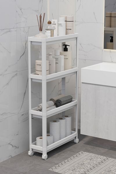 Omaş Household Product Ορθογώνια μονάδα ραφιών 4 επιπέδων με ρόδες Λευκό ράφι οργάνωσης κουζίνας μπάνιου