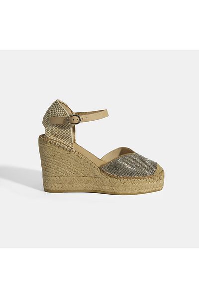 Desa Beige Women's Suede Espadrille with Buckle Accessories and Stone Detail