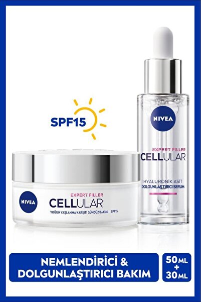 NIVEA SPF15 Cellular Expert Filler Yaşlanma Karşıtı Gündüz Yüz Kremi 50ml ve Nemlendirici Cilt Serumu 30ml