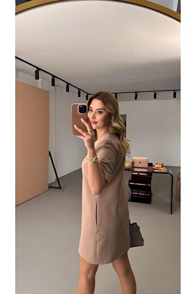 Sezgi Tekin Buttoned Short Sleeve Mink Dress