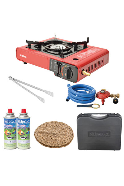 NURGAZ Özel Çantalı Portatif Kamp Ocağı + 2 Adet Kartuş + Tüp Dedantörü + Has...