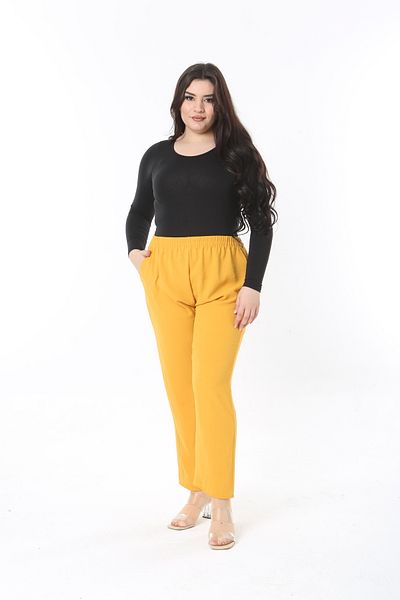 Şans Women's Large Size Mustard Elastic Waist Side Pocket Pants 65N38929