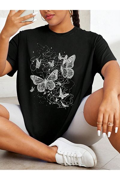 JANSO GROUP Women's Plus Size Butterfly Printed Short Sleeve Tshir Oversize Cotton Fabric