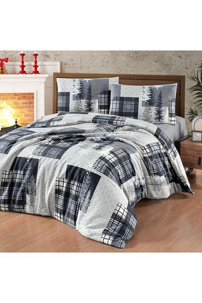First Choice Flannel bedding with fir trees and plaids, double bed, Winter Grey